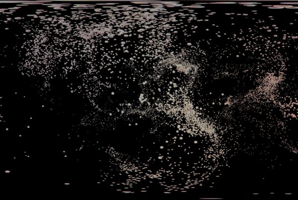 An abstract 4K 360VR video of streaming particles against a black background, resembling a chaotic cosmic night sky.