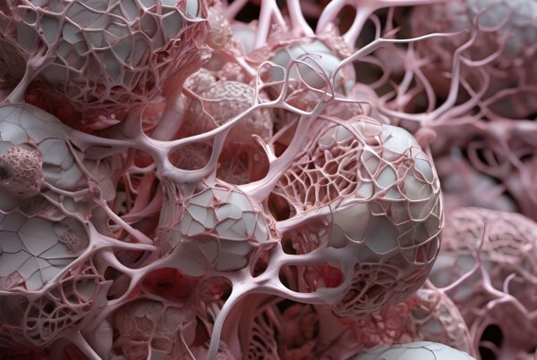 Pink and white organic cell structures intertwined.