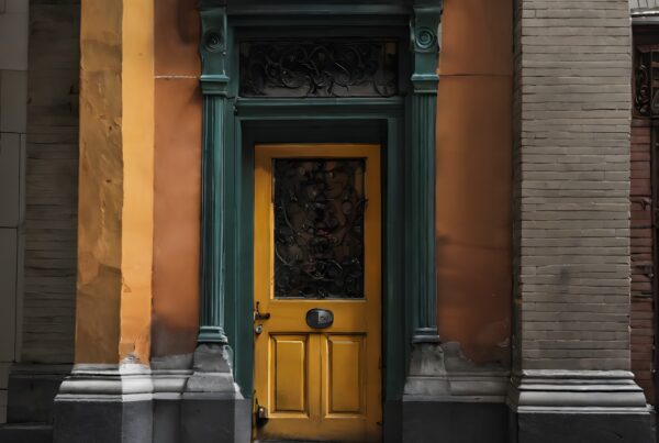 Intricately designed vibrant yellow door with ornate ironwork and teal trim on a historic building facade.