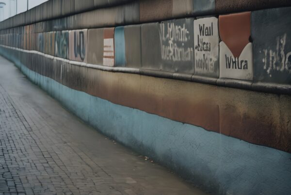 A historic wall adorned with colorful, faded graffiti next to a brick path.
