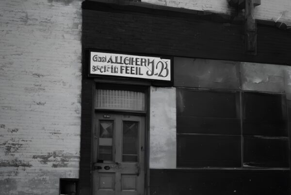 Exterior of an abandoned building with an old wooden door and mysterious sign, covered in snow.
