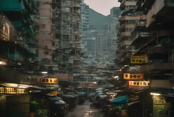 A dimly lit cityscape features densely packed buildings lining a narrow alleyway with glowing signs, reflecting on a rain-soaked street.