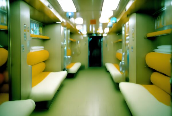 A modern train compartment with beige and yellow bunks, illuminated overhead and designed for comfortable sleeping arrangements.