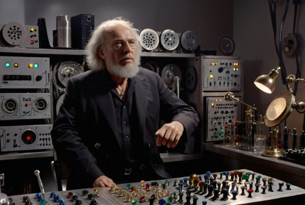 A vintage scientist in a retro lab surrounded by complex equipment and dials.