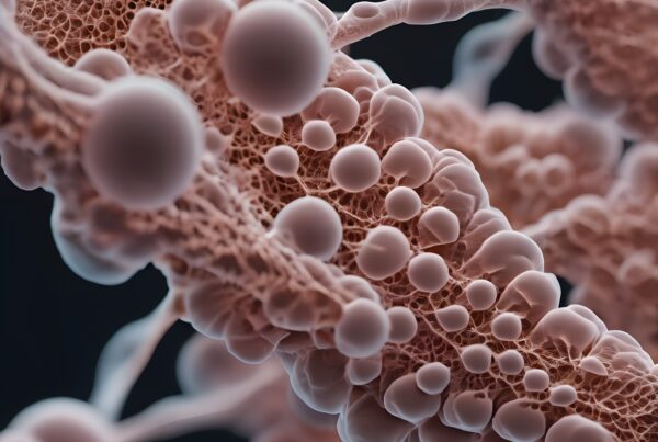 Intricate close-up of organic cellular structure showing interconnected globules on a dark background.