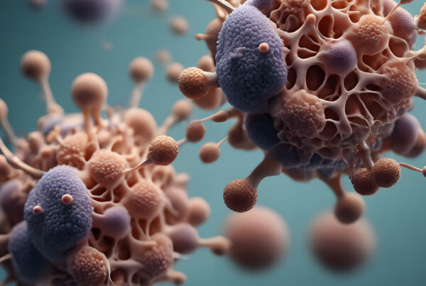 A collection of spherical cellular viral structures.