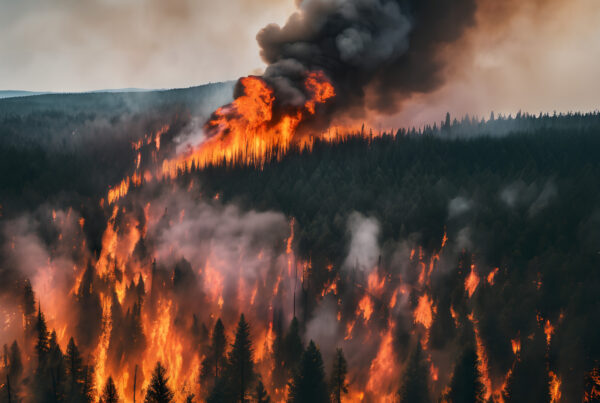 A massive forest fire with thick smoke in the background.