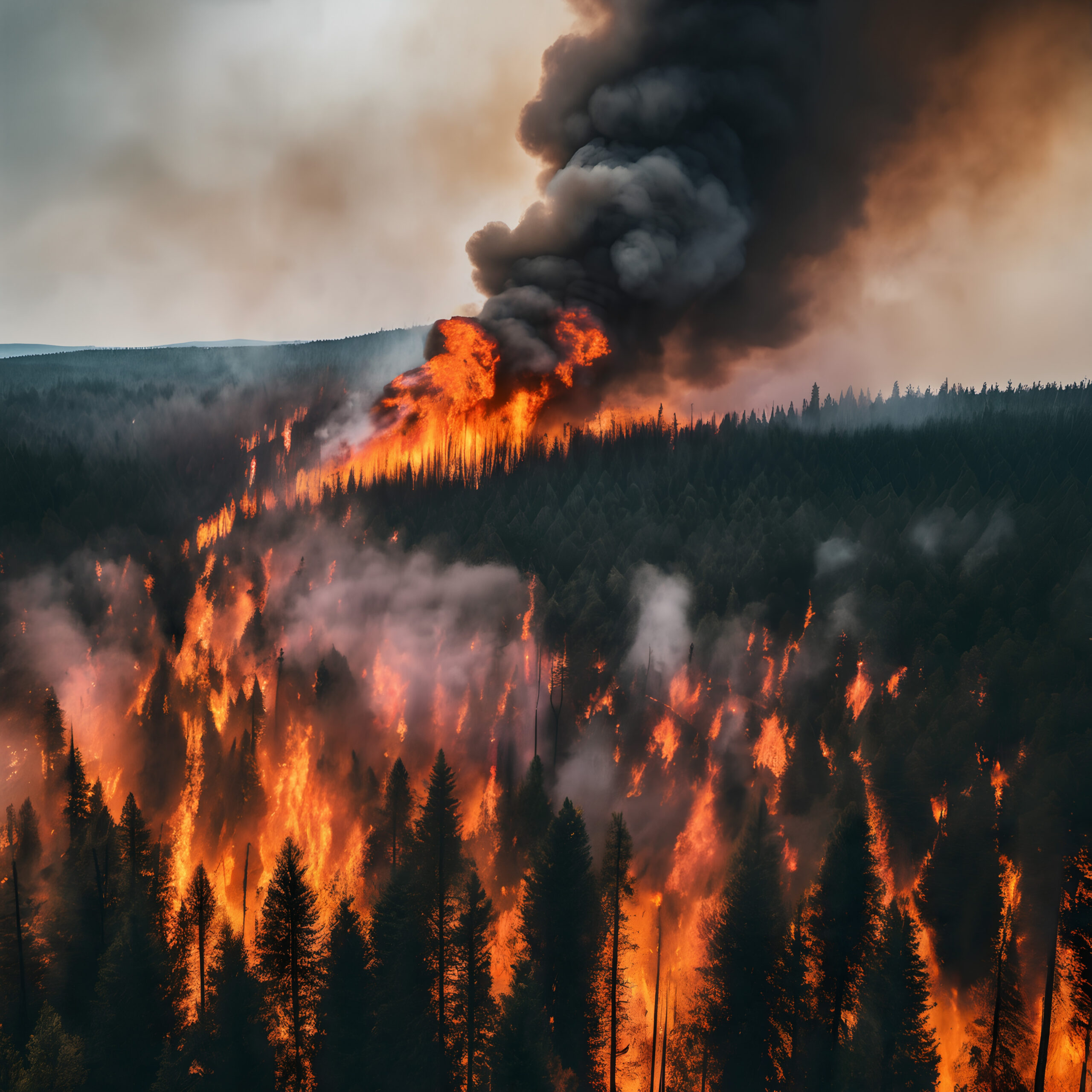 A massive forest fire with thick smoke in the background