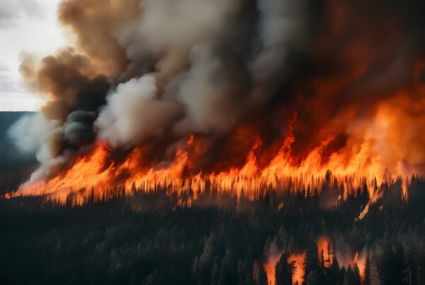 A massive wildfire sweeps through a dense forest, with towering flames illuminating the sky and thick smoke clouds spreading in the atmosphere.