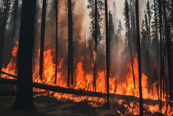 Intense wildfire consuming forest landscape with towering trees and billowing smoke.