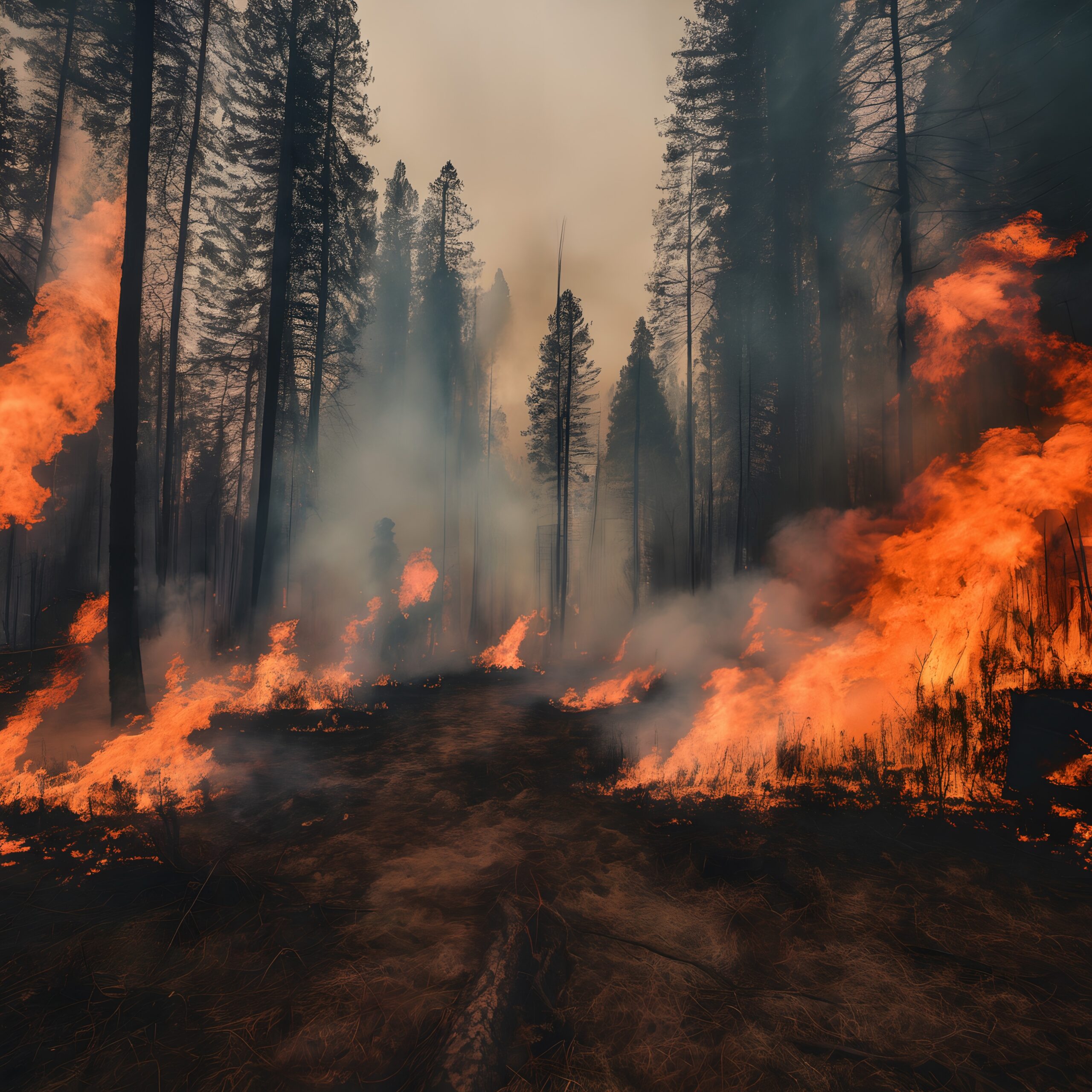 Raging Wildfire in Dense Forest