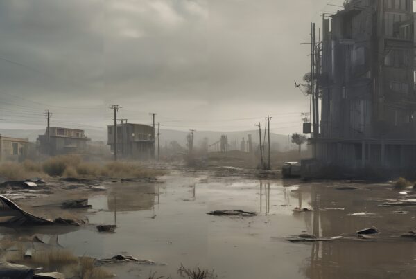 A desolate urban landscape with collapsed buildings, muddy terrain, and an eerie atmosphere under overcast skies.