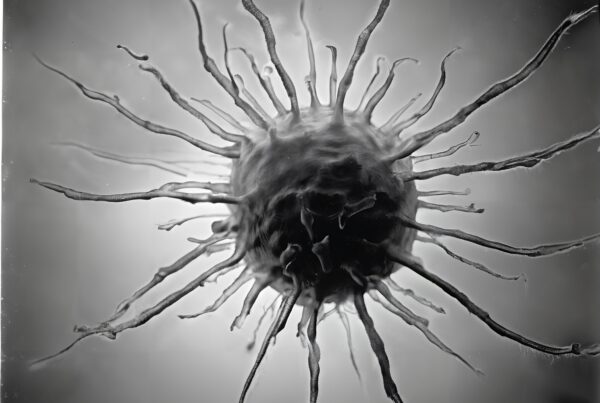 Close-up of a virus-like structure with protrusions in grayscale.