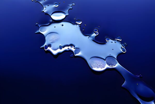 Abstract glossy liquid droplets on dark blue background creating a reflective and metallic visual effect.