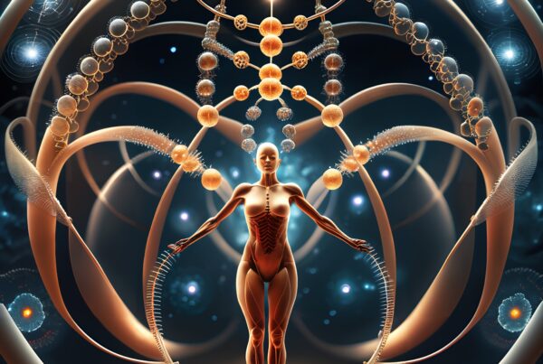 Futuristic human figure among cosmic orbs and pathways.