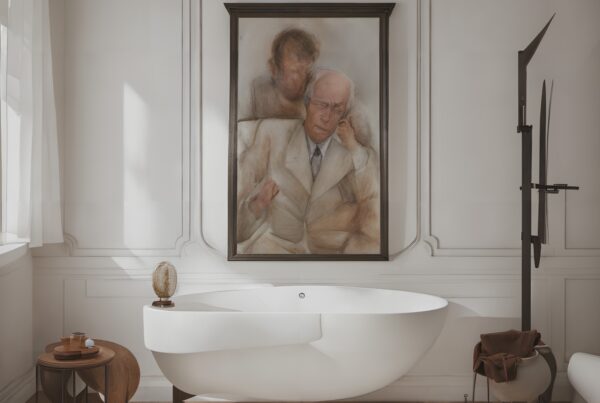 Elegant white bathroom with portrait painting above bathtub.