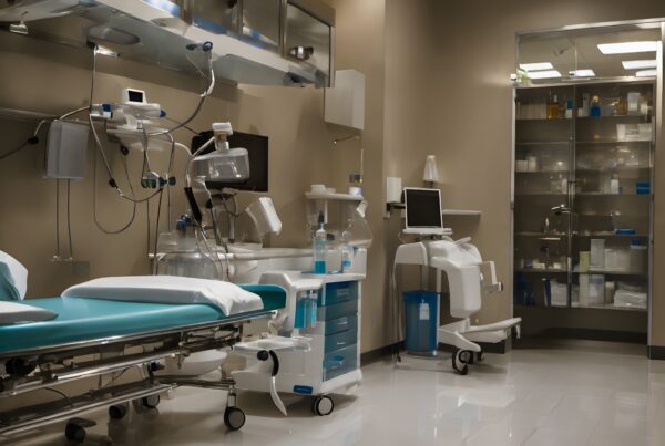 The image shows a modern, sterile hospital room with a bed, advanced medical equipment, and clean tiled floors, suggesting a readiness for treatments.