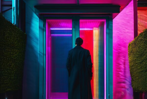 Vibrant neon lights illuminate a person standing at a colorful doorway in an urban setting, creating a futuristic atmosphere.