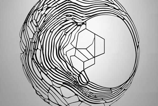 Spherical abstract wireframe art with intricate design and geometric balance.