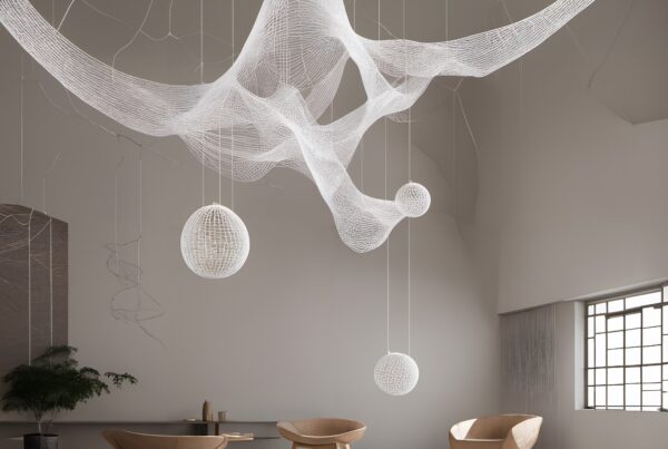 A modern minimalist room featuring suspended net-like art and wooden chairs.