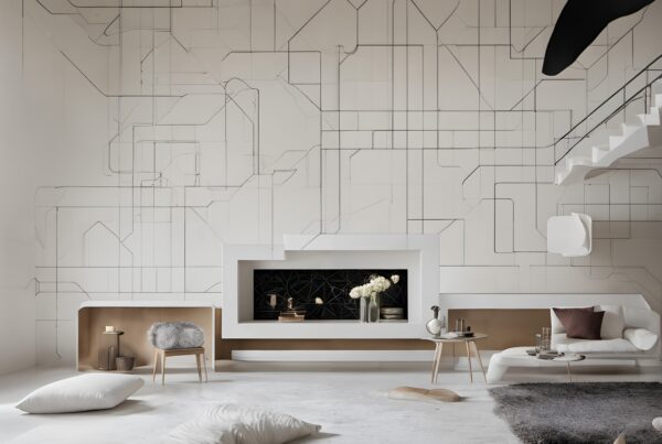 Modern living room with geometric design elements, neutral colors, and minimalist furniture.