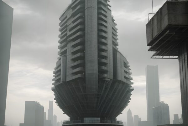 A futuristic skyscraper in a misty urban landscape, showcasing innovative architectural design and modernity.