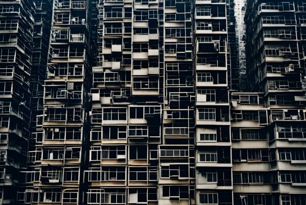 High-rise buildings with urban density.