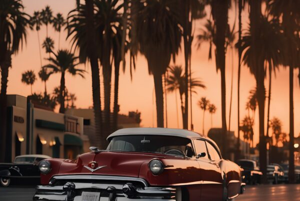 A vintage red car under a stunning sunset sky with palm trees.