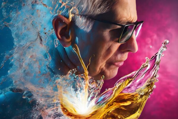 Dynamic abstract art featuring a colorful explosion around a contemplative figure in vivid modern hues.