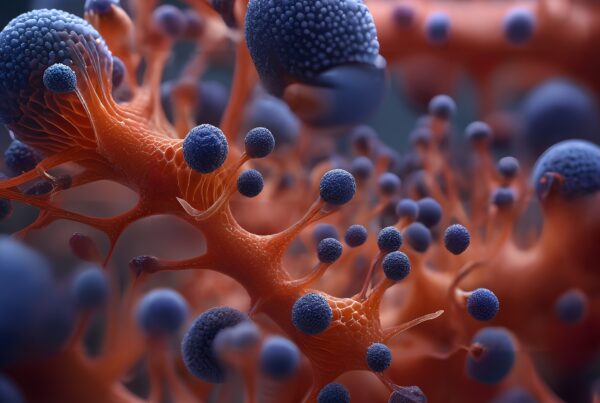 An abstract image of vibrant orange and blue organic structures with interconnected spheres resembling microbial life.