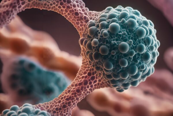 Microscopic view of cellular network with spherical nodes.