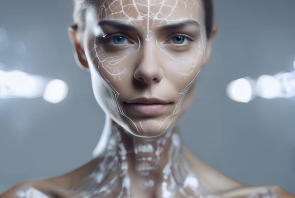 A futuristic woman with glowing circuit-like designs, suggesting advanced technology integration.