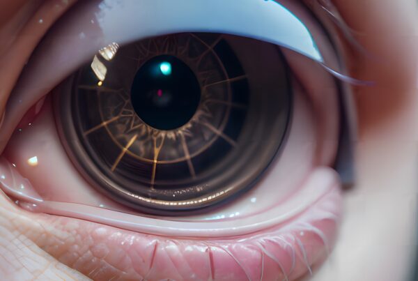 Close-up of a human eye showcasing detailed textures and reflections in the iris and surrounding area.
