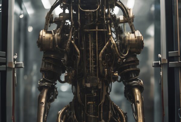 A detailed view of a complex humanoid robot in a futuristic setting, highlighting metal components and advanced engineering.