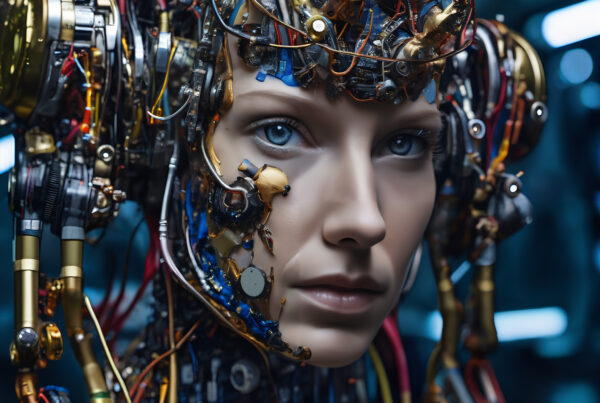 A digital illustration of a female cyborg robotic head.