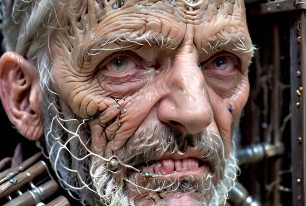 A portrait of an old man with futuristic devices attached to his face.