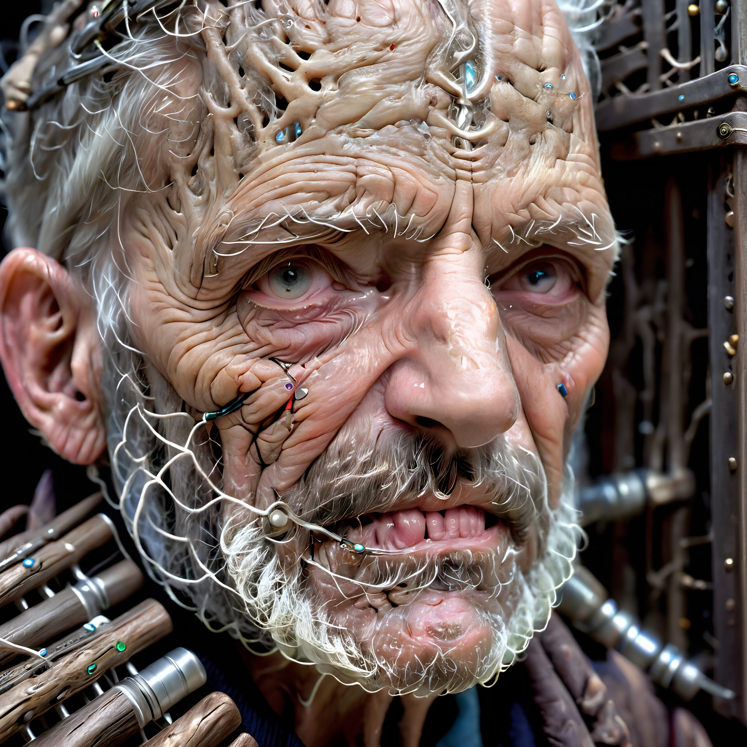 An old man with futuristic devices attached to his face