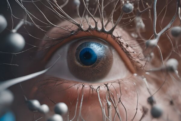 Surreal eye close-up with tendrils.
