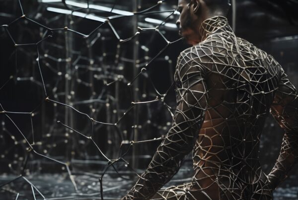 A person enveloped in intricate geometric patterns sits contemplatively in a dim, futuristic setting.