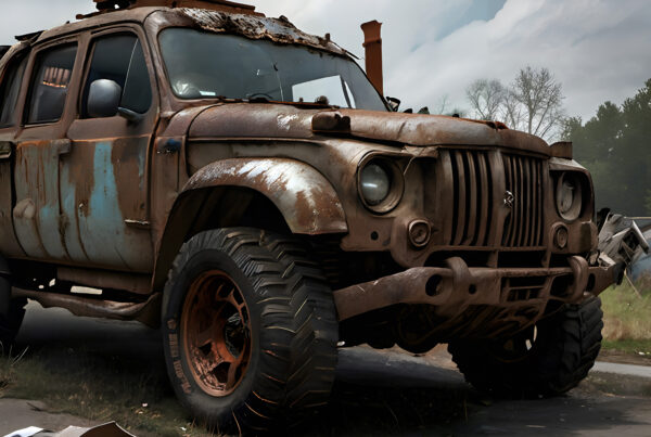 A rusty old truck parked on a road.