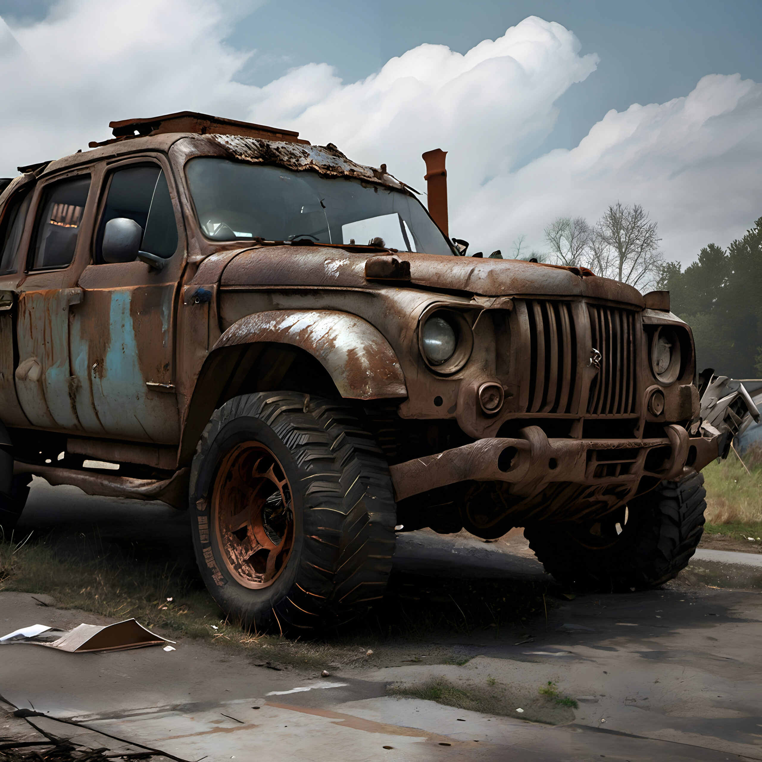 A rusty old truck parked on a road