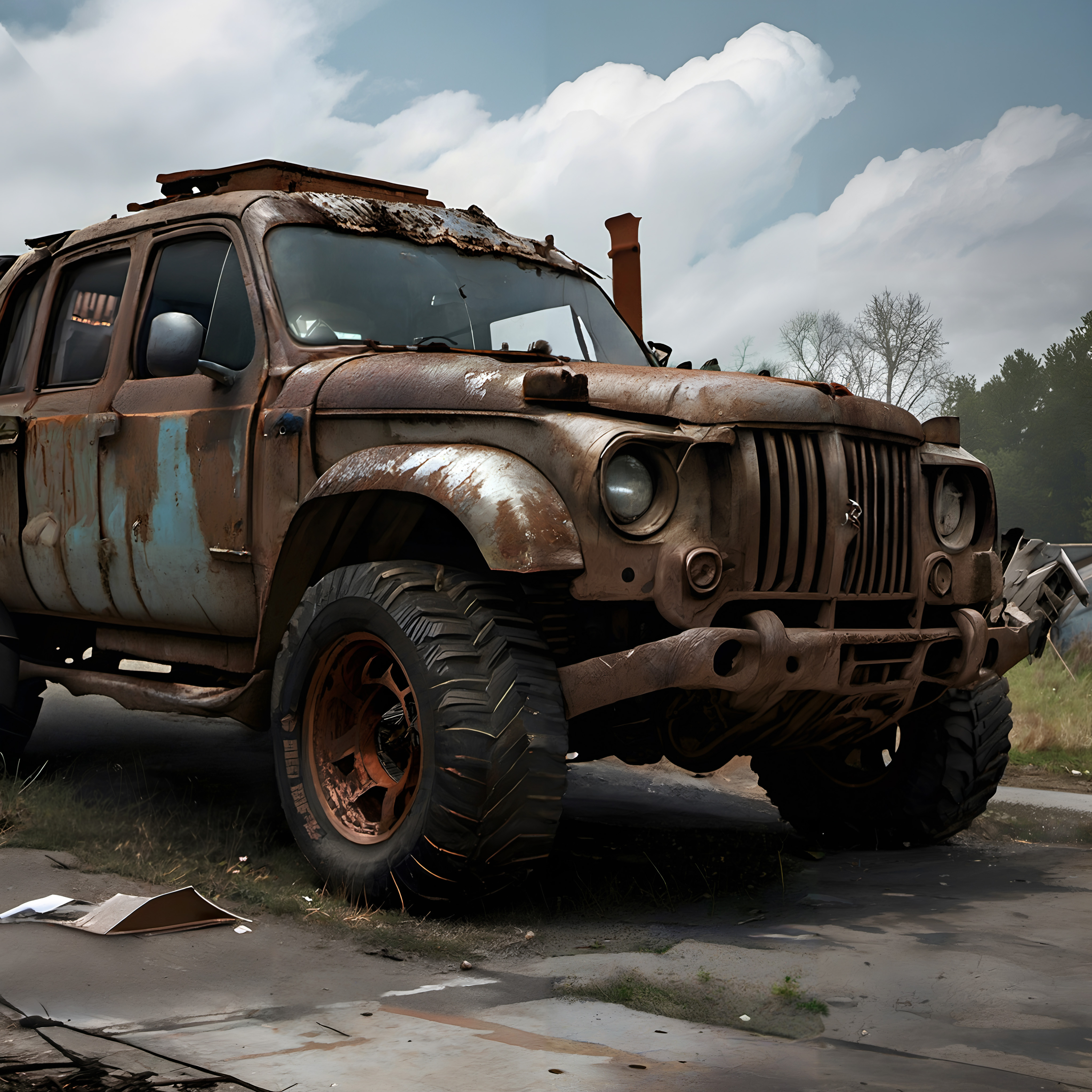 A rusty old truck parked on a road