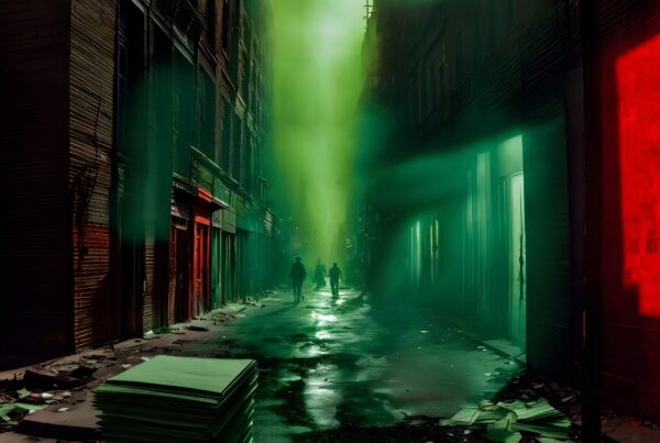 Mysterious urban alleyway illuminated by green and red lights, creating an eerie and surreal atmosphere with three silhouettes and scattered papers.