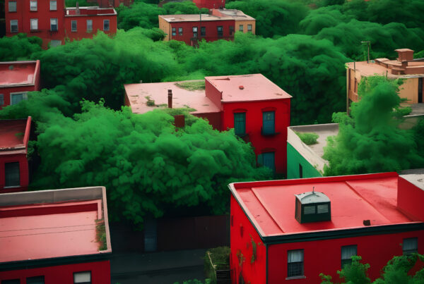 The image depicts a series of bright red buildings nestled among lush greenery, creating a striking contrast.