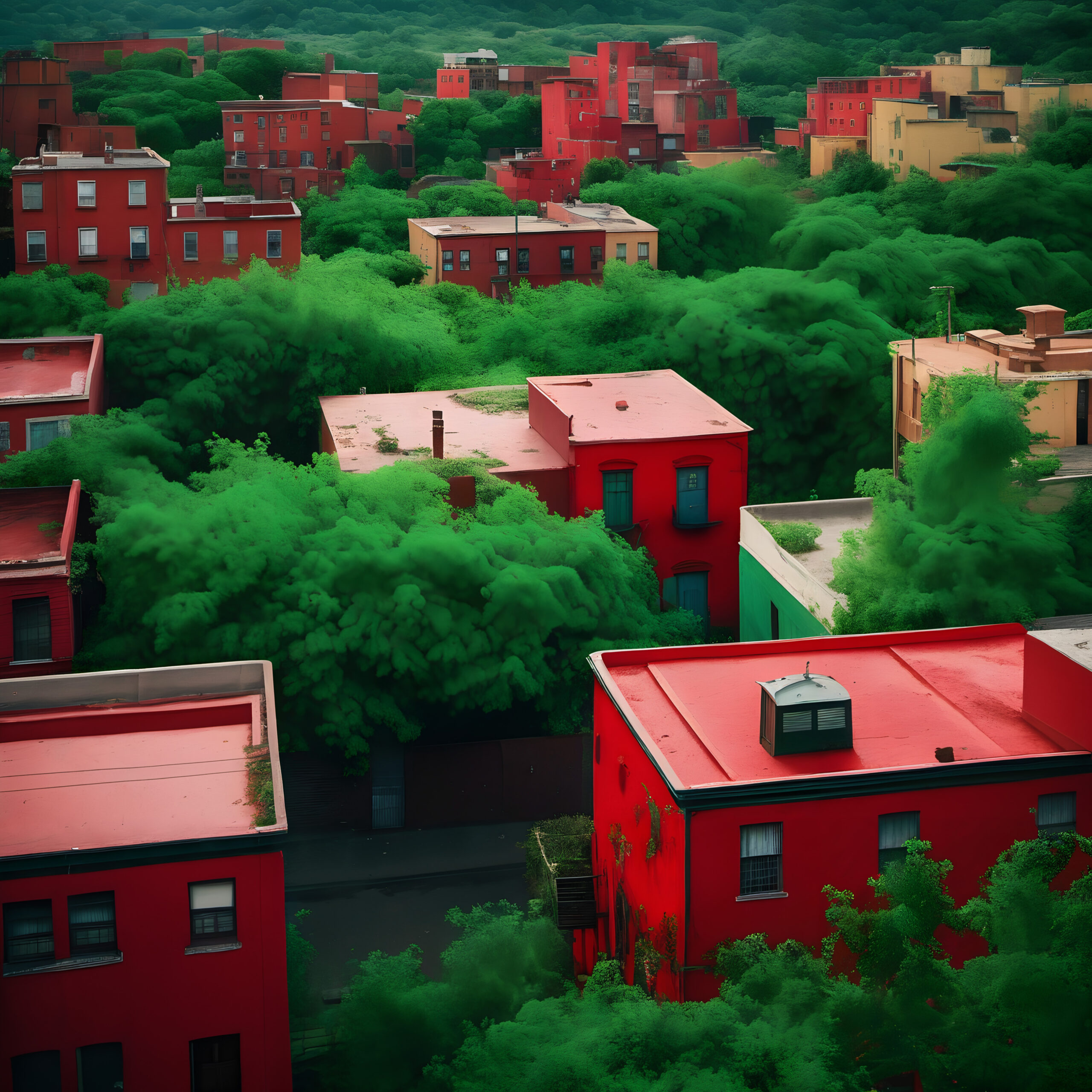 Urban Oasis Red Buildings and Lush Greenery