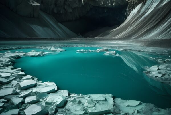 A stunning turquoise glacial lagoon surrounded by towering icy cliffs.