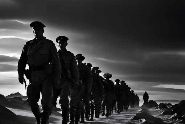 Monochrome image of soldiers marching through a dramatic, cloudy landscape, displaying unity and resilience.