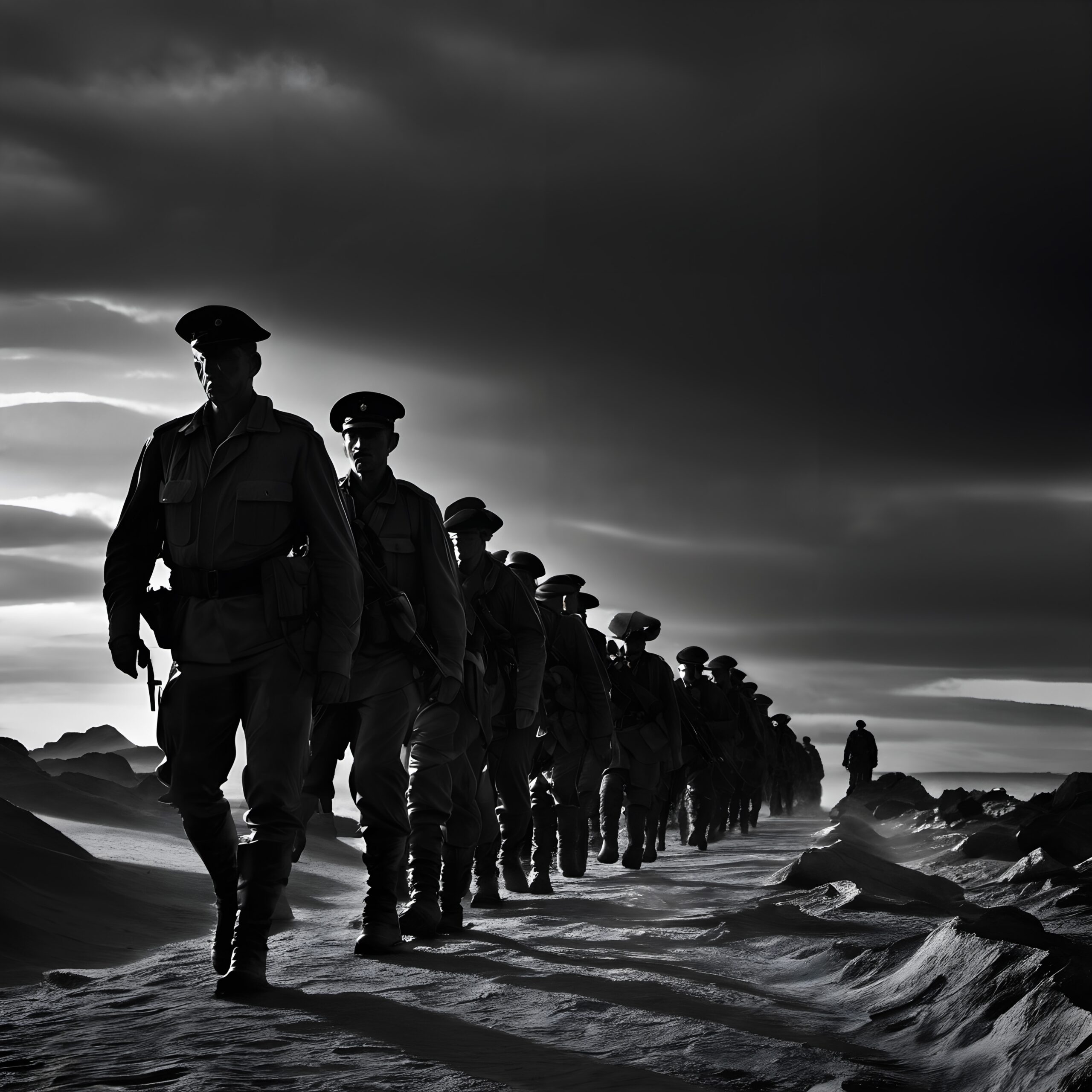 Soldiers March Through Barren Land