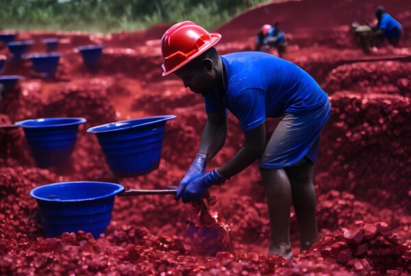 A worker in protective gear sifts through vibrant red crystals in an outdoor mining landscape.