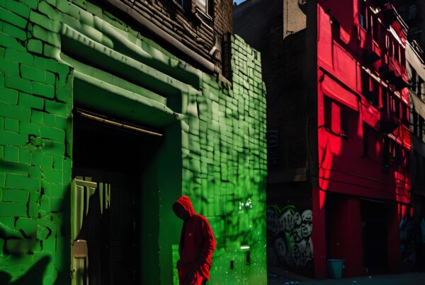 A person in a red hoodie walks past vibrant green and red urban buildings with graffiti art under dramatic sunlight and shadows.
